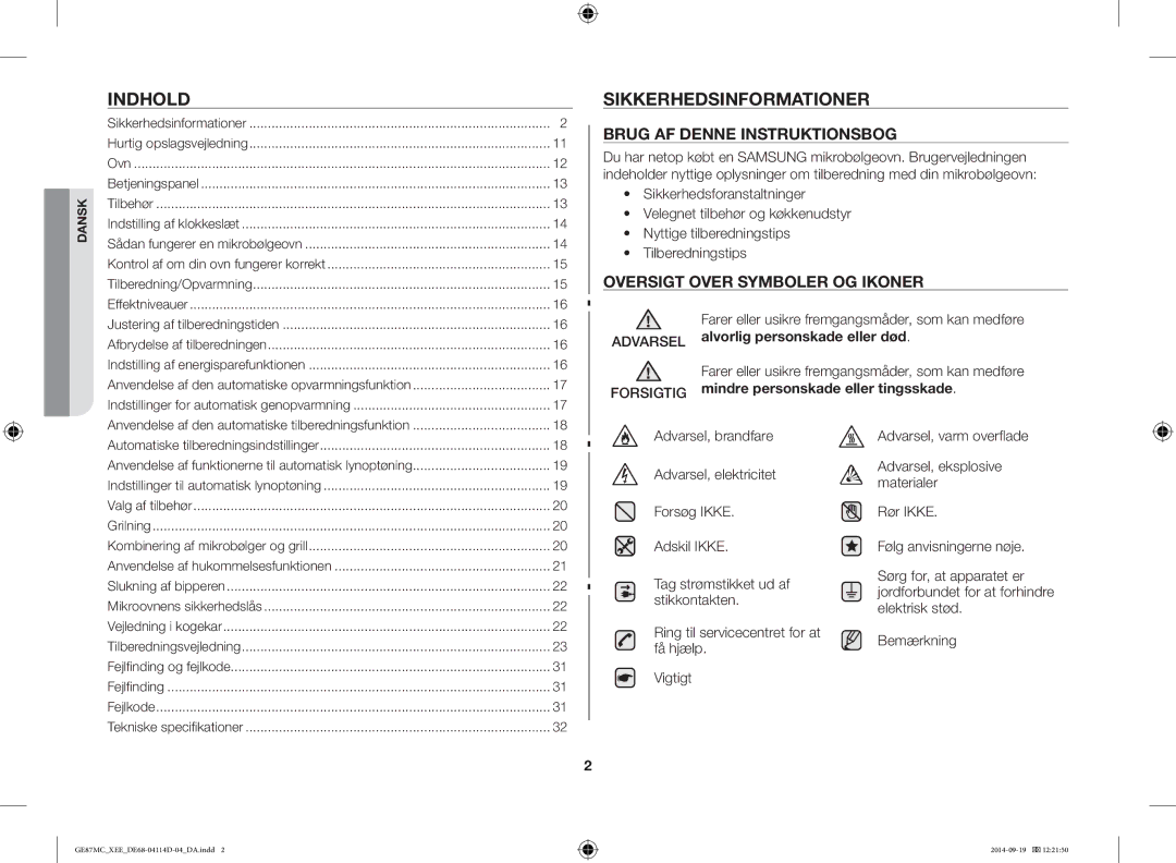 Samsung GE87MC/XEE manual Indhold, Sikkerhedsinformationer 