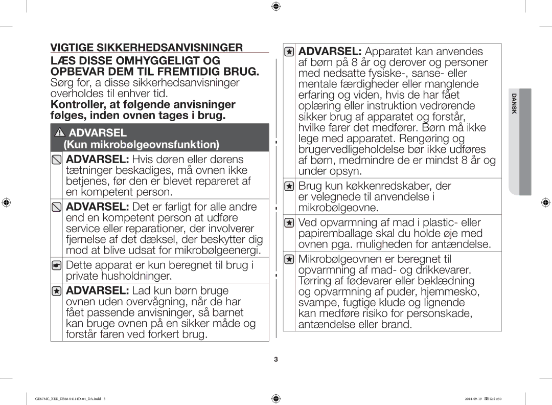 Samsung GE87MC/XEE manual Vigtige Sikkerhedsanvisninger 