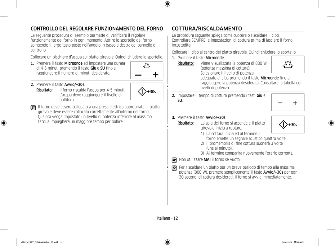 Samsung GE87M/XET manual Cottura/Riscaldamento, Controllo DEL Regolare Funzionamento DEL Forno 