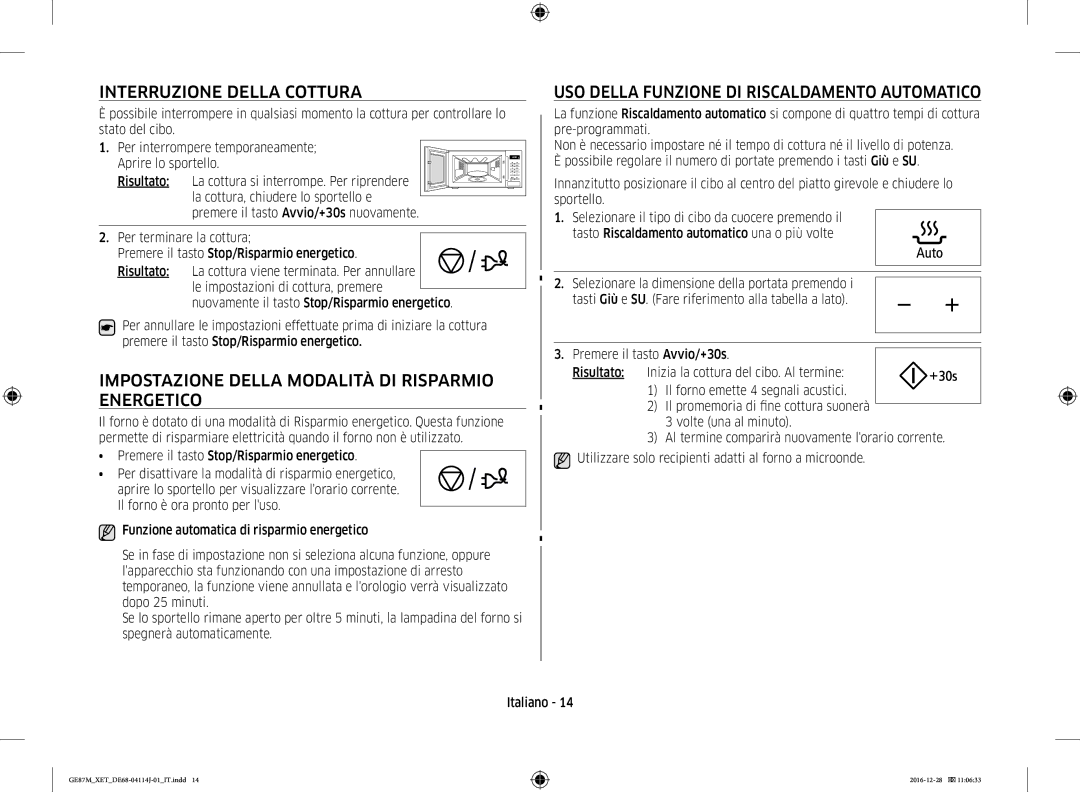 Samsung GE87M/XET manual Interruzione Della Cottura, Impostazione Della Modalità DI Risparmio Energetico 