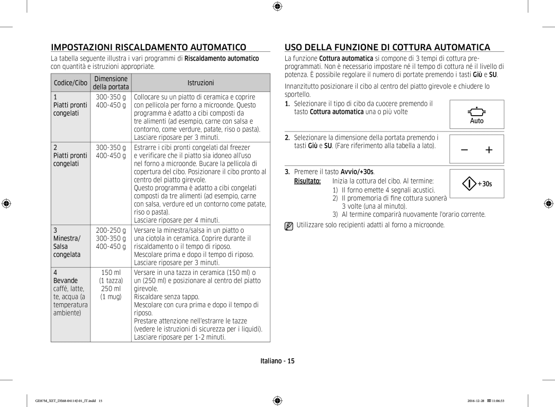 Samsung GE87M/XET manual Impostazioni Riscaldamento Automatico, USO Della Funzione DI Cottura Automatica 