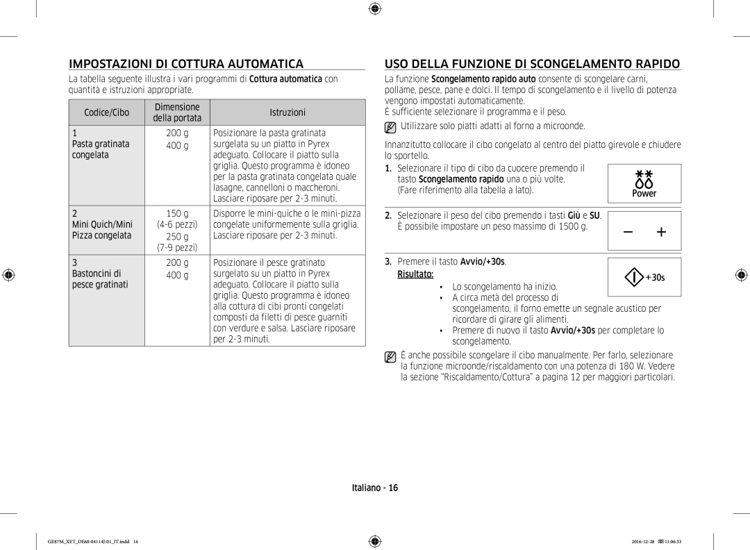 Samsung GE87M/XET manual Impostazioni DI Cottura Automatica, USO Della Funzione DI Scongelamento Rapido 