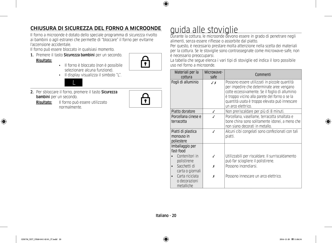 Samsung GE87M/XET manual Guida alle stoviglie, Chiusura DI Sicurezza DEL Forno a Microonde 