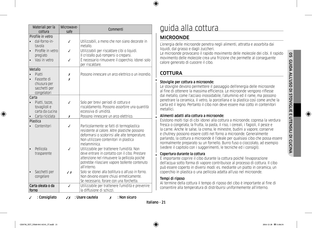 Samsung GE87M/XET manual Guida alla cottura, Microonde, Cottura 