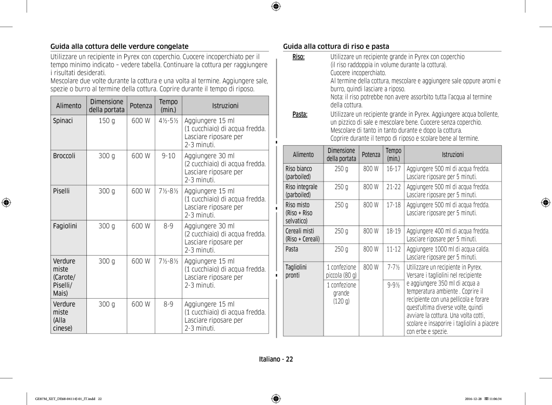 Samsung GE87M/XET Alimento Dimensione Potenza Tempo Istruzioni, Spinaci, Aggiungere 15 ml, Lasciare riposare per, Minuti 