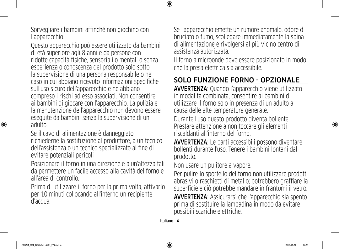 Samsung GE87M/XET manual Solo Funzione Forno Opzionale 