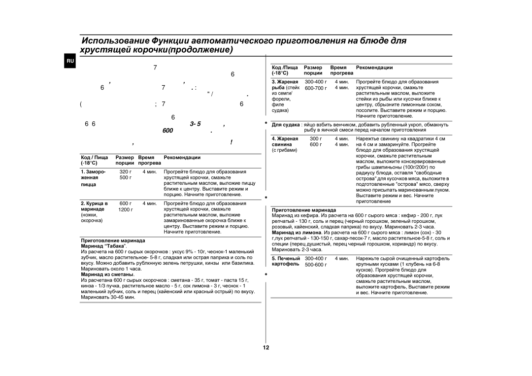 Samsung GE87QR/BWT, GE87QR/SBW manual Код / Пища Размер Время Рекомендации, Порции Прогрева, Растительным маслом , выложие 