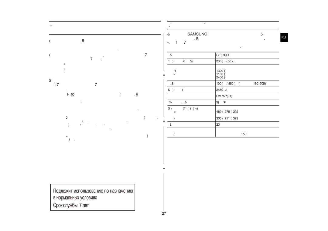 Samsung GE87QR/SBW, GE87QR/BWT manual Хранение и ремонт вашей микроволновой печи, Технические характеристики, Модель 