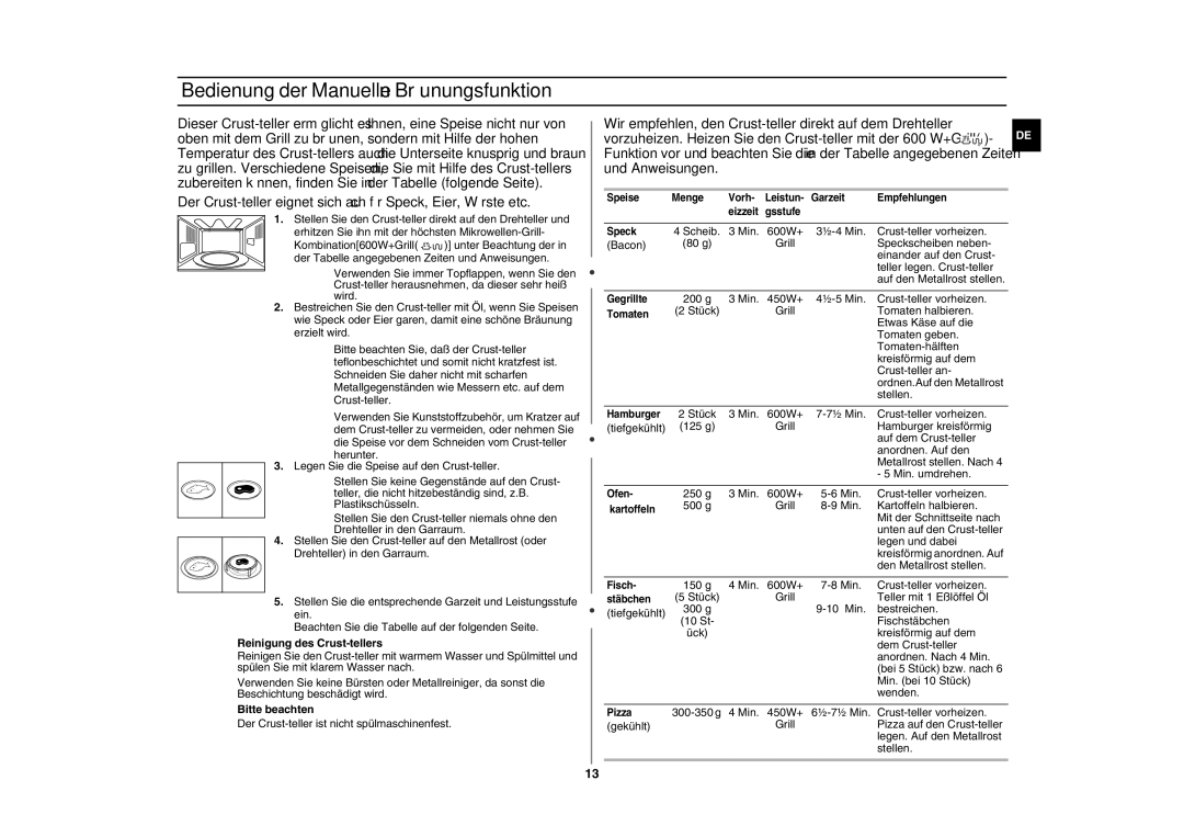 Samsung GE87W-S/XEG manual Bedienung der Manuellen Bräunungsfunktion, Reinigung des Crust-tellers 