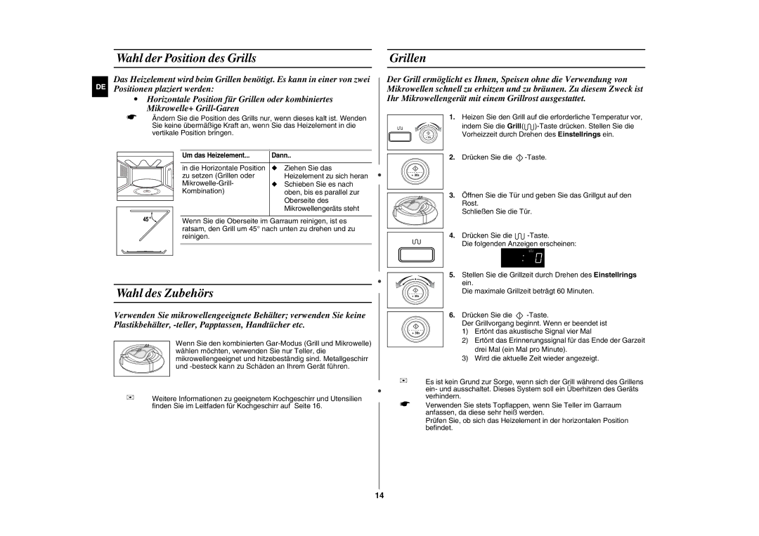 Samsung GE87W-S/XEG manual Wahl der Position des Grills, Wahl des Zubehörs, Grillen 