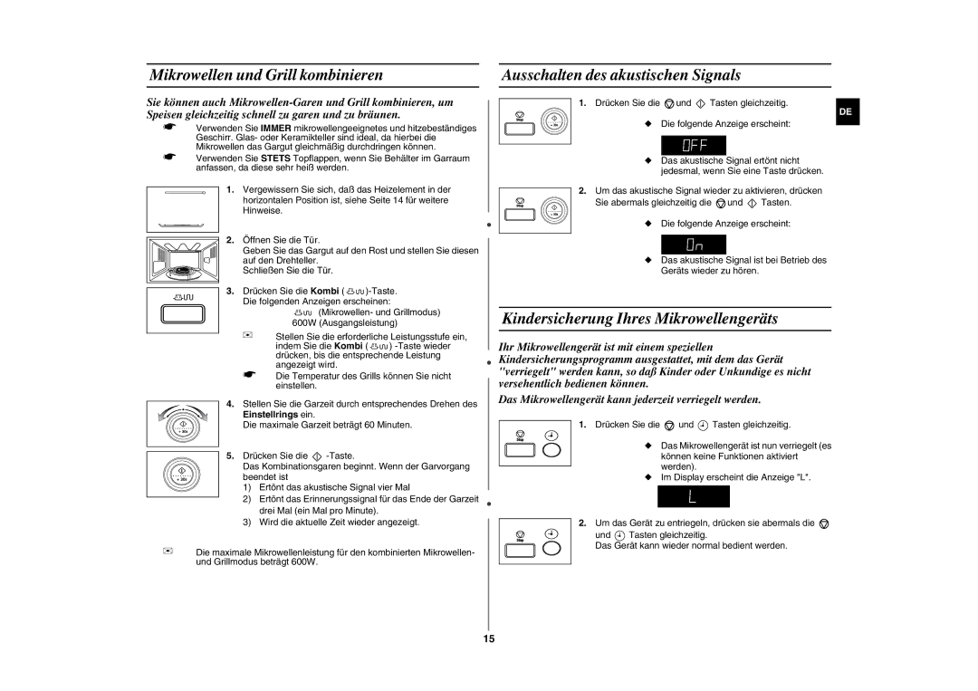 Samsung GE87W-S/XEG manual Mikrowellen und Grill kombinieren, Ausschalten des akustischen Signals 