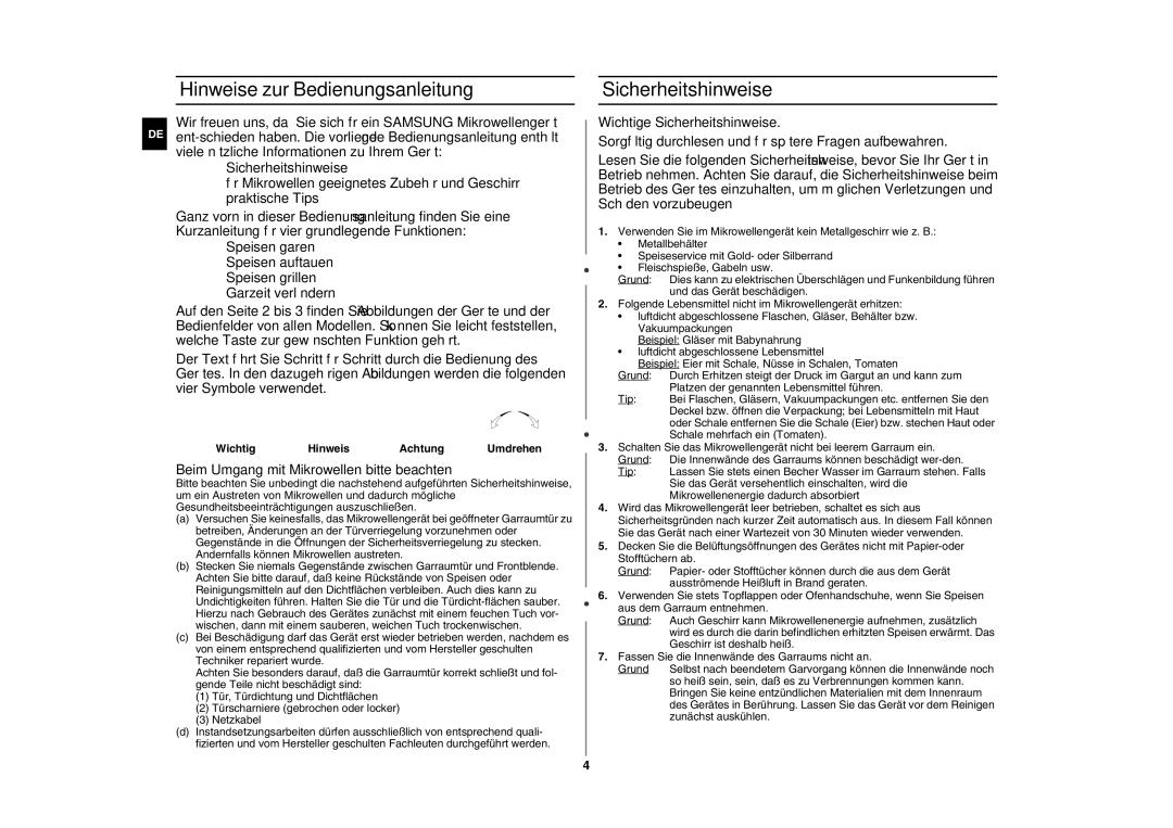 Samsung GE87W-S/XEG manual Hinweise zur Bedienungsanleitung, Sicherheitshinweise, Wichtig Hinweis Achtung Umdrehen 