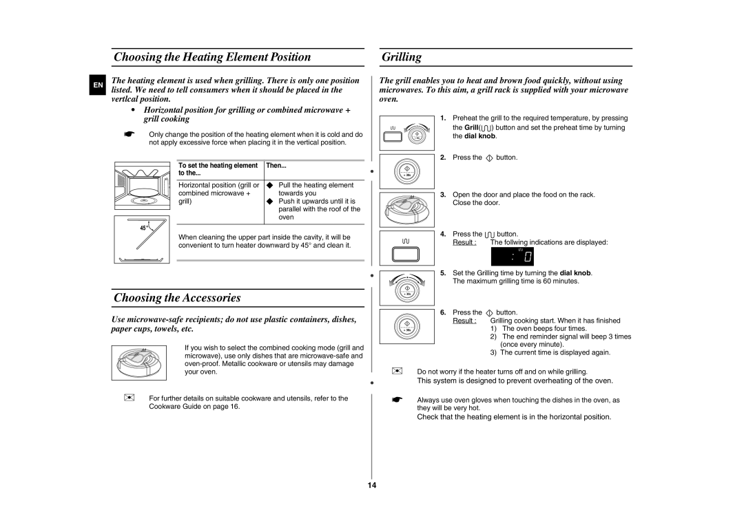 Samsung GE87W/XEH, GE87W-S/XEH, GE87W/STV manual Choosing the Heating Element Position Grilling, Choosing the Accessories 