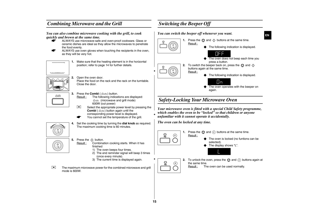 Samsung GE87W-S/XEH manual Combining Microwave and the Grill Switching the Beeper Off, Safety-Locking Your Microwave Oven 