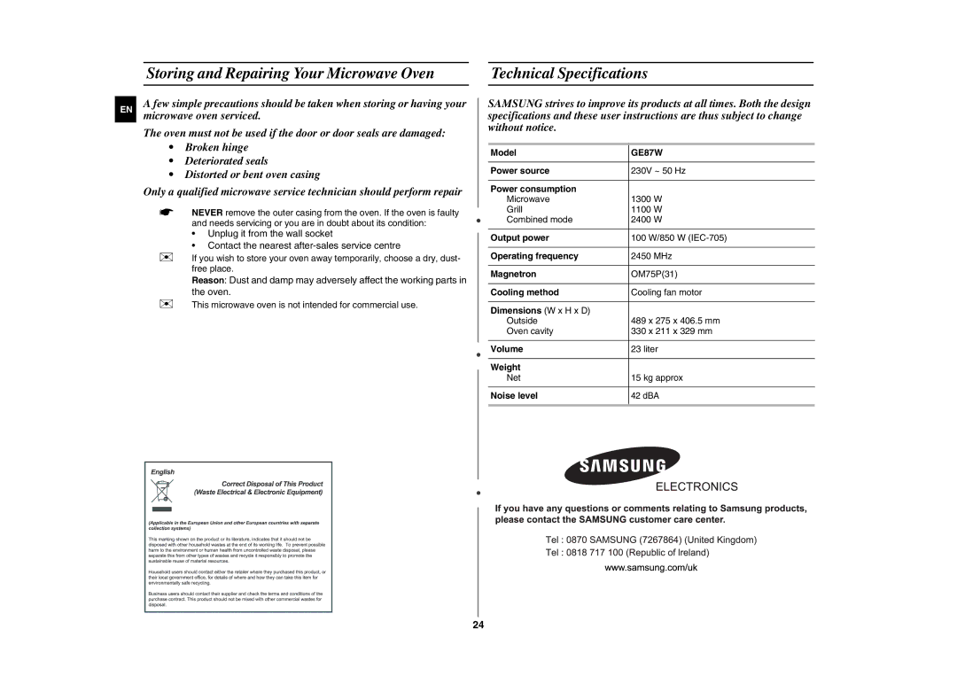 Samsung GE87W-S/XEH, GE87W/STV, GE87W/XEH manual 