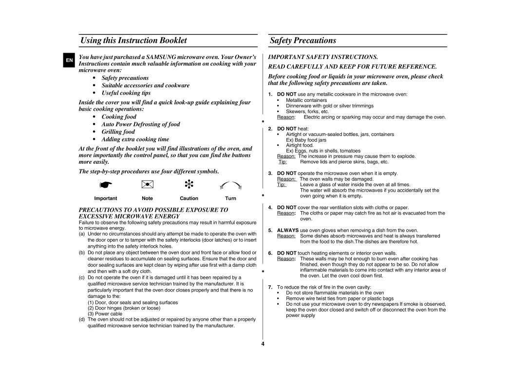 Samsung GE87W/STV, GE87W-S/XEH, GE87W/XEH manual Using this Instruction Booklet, Safety Precautions, Do not heat 