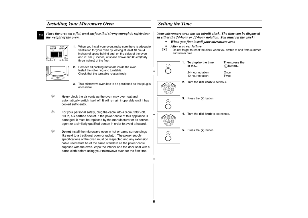 Samsung GE87W-S/XEH, GE87W/STV, GE87W/XEH manual Installing Your Microwave Oven Setting the Time, To display the time, Button 