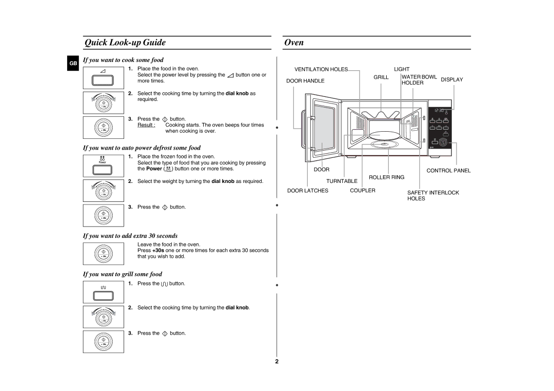 Samsung GE87W-S/XEH manual Quick Look-up Guide, Oven, Place the frozen food in the oven, Power button one or more times 