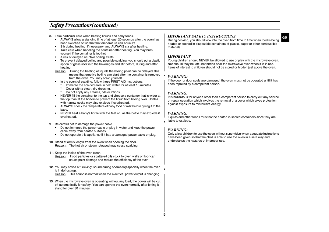 Samsung GE87W/STV, GE87W-S/XEH manual Important Safety Instructions 