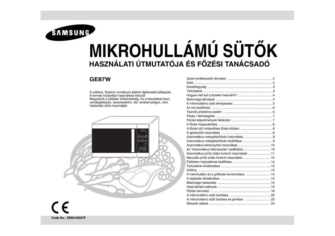 Samsung GE87W/XEH, GE87W-S/XEH manual Mikrohullámú Sütők, Code No. DE68-02927F 