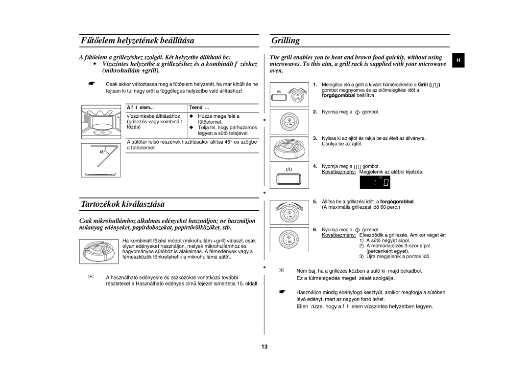 Samsung GE87W/XEH, GE87W-S/XEH manual Fűtőelem helyzetének beállítása, Tartozékok kiválasztása, Grilling 