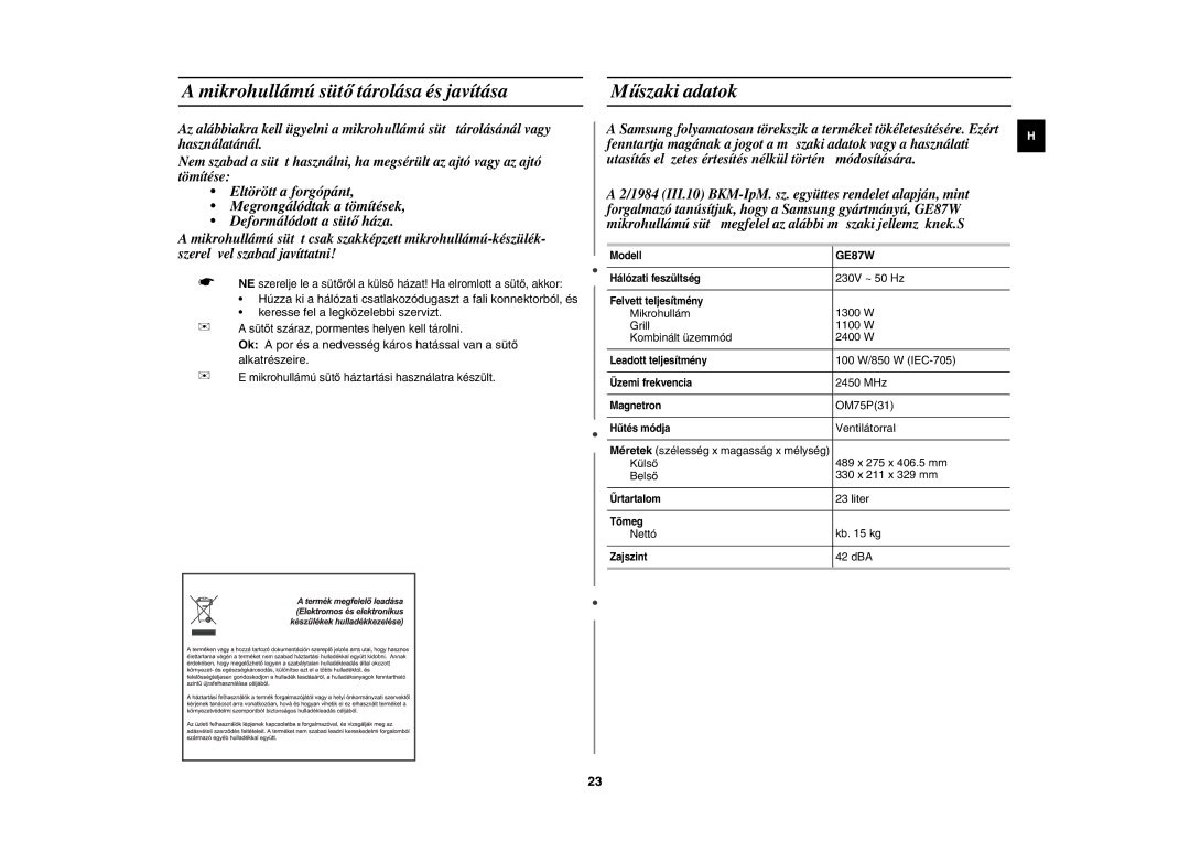 Samsung GE87W/XEH, GE87W-S/XEH manual Mikrohullámú sütő tárolása és javítása, Műszaki adatok 