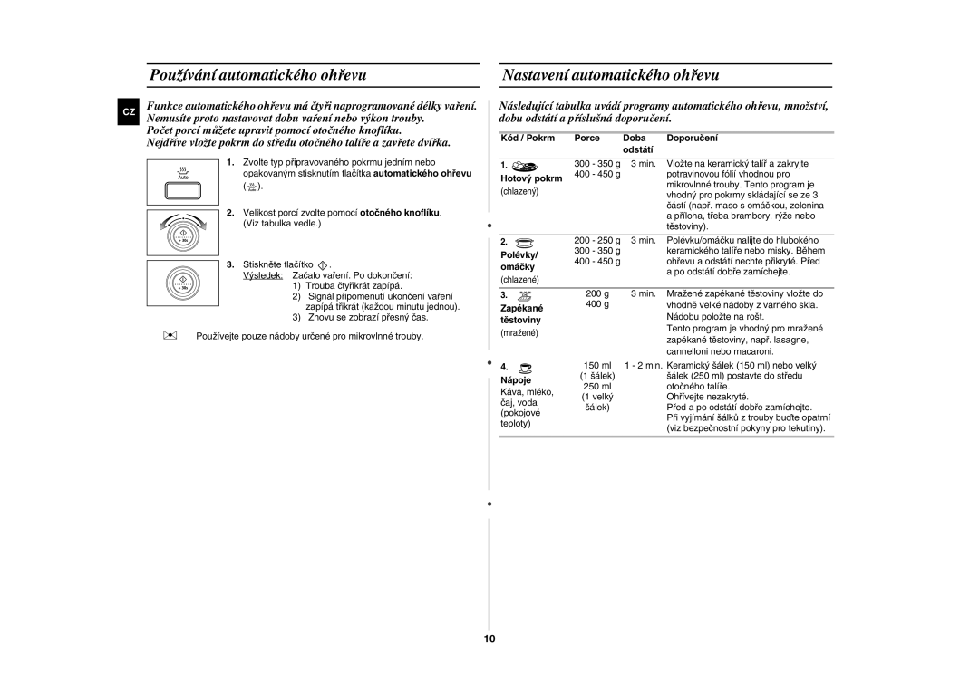 Samsung GE87W-S/XEH manual Používání automatického ohřevu, Nastavení automatického ohřevu 