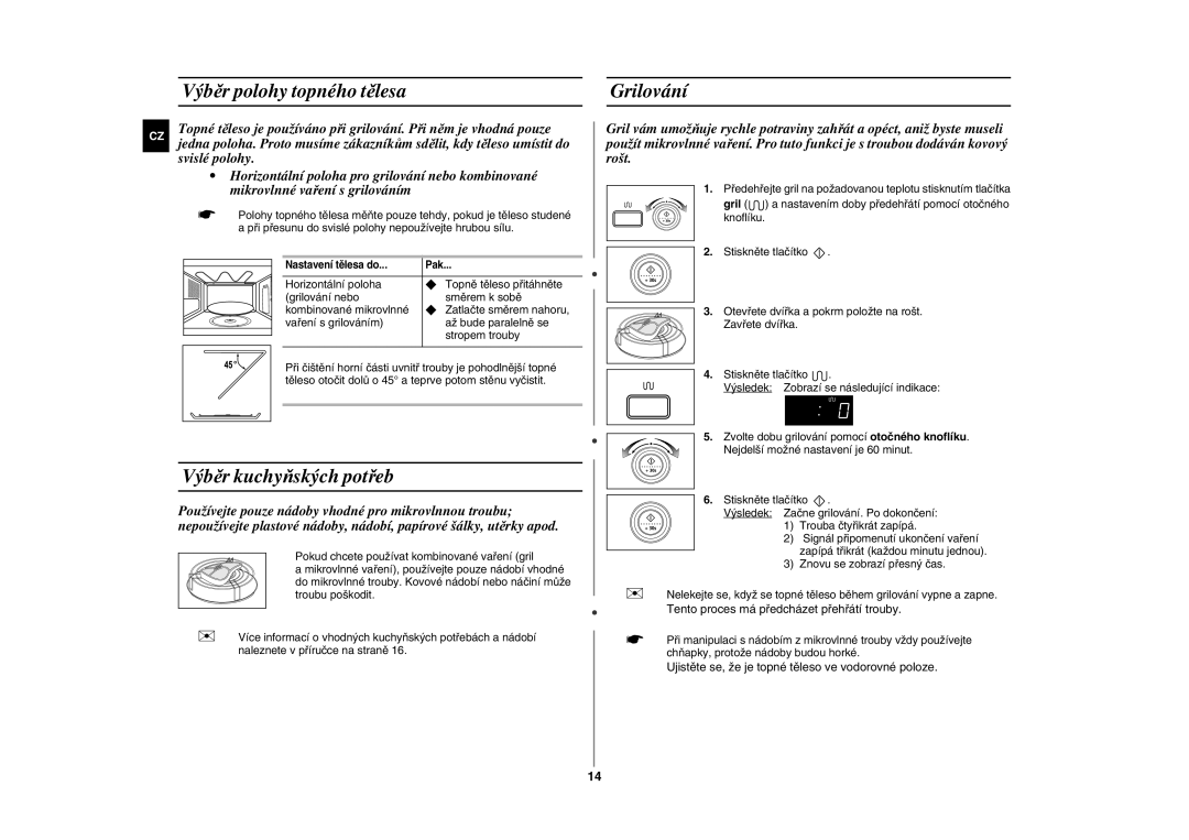 Samsung GE87W-S/XEH manual Výběr polohy topného tělesa, Výběr kuchyňských potřeb, Grilování 