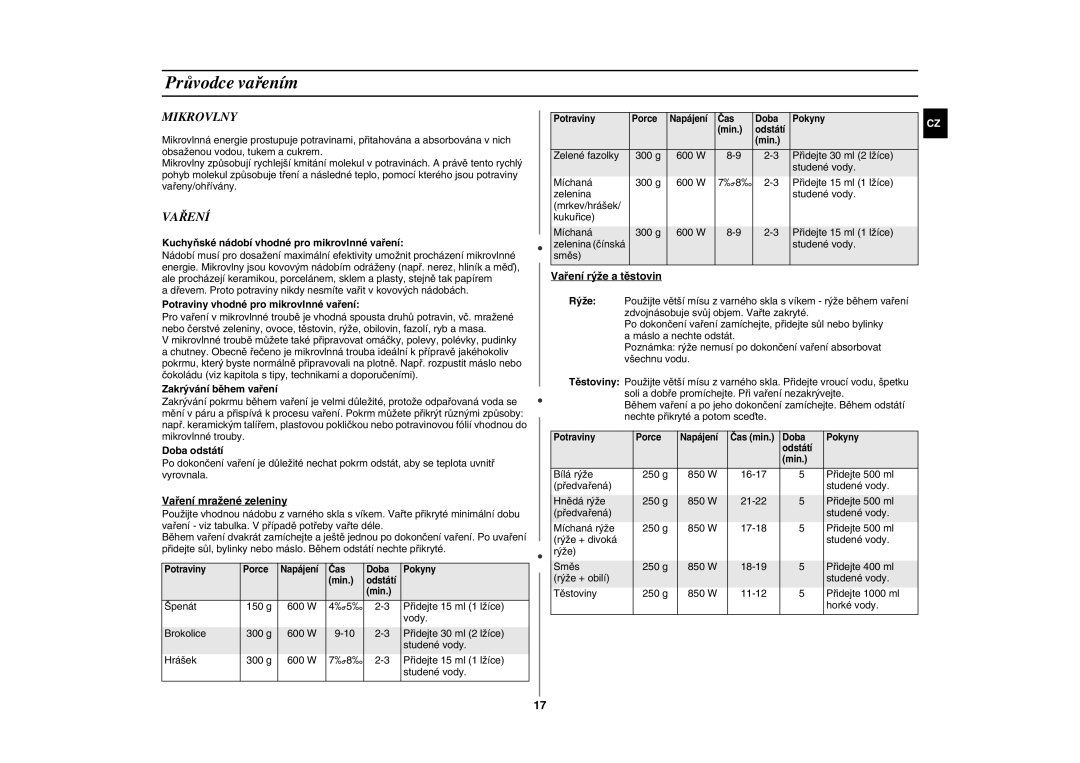 Samsung GE87W-S/XEH manual Průvodce vařením, Mikrovlny, Vaření 