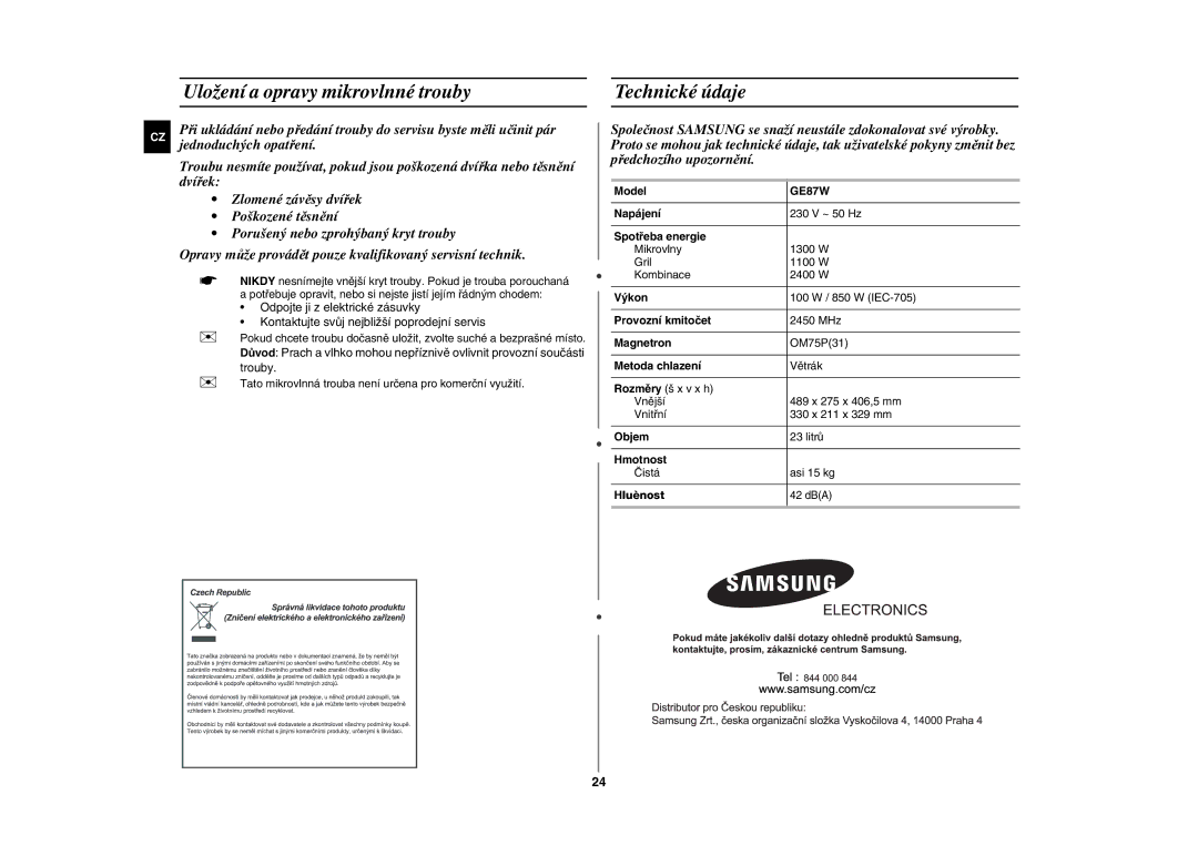 Samsung GE87W-S/XEH manual Uložení a opravy mikrovlnné trouby, Technické údaje 