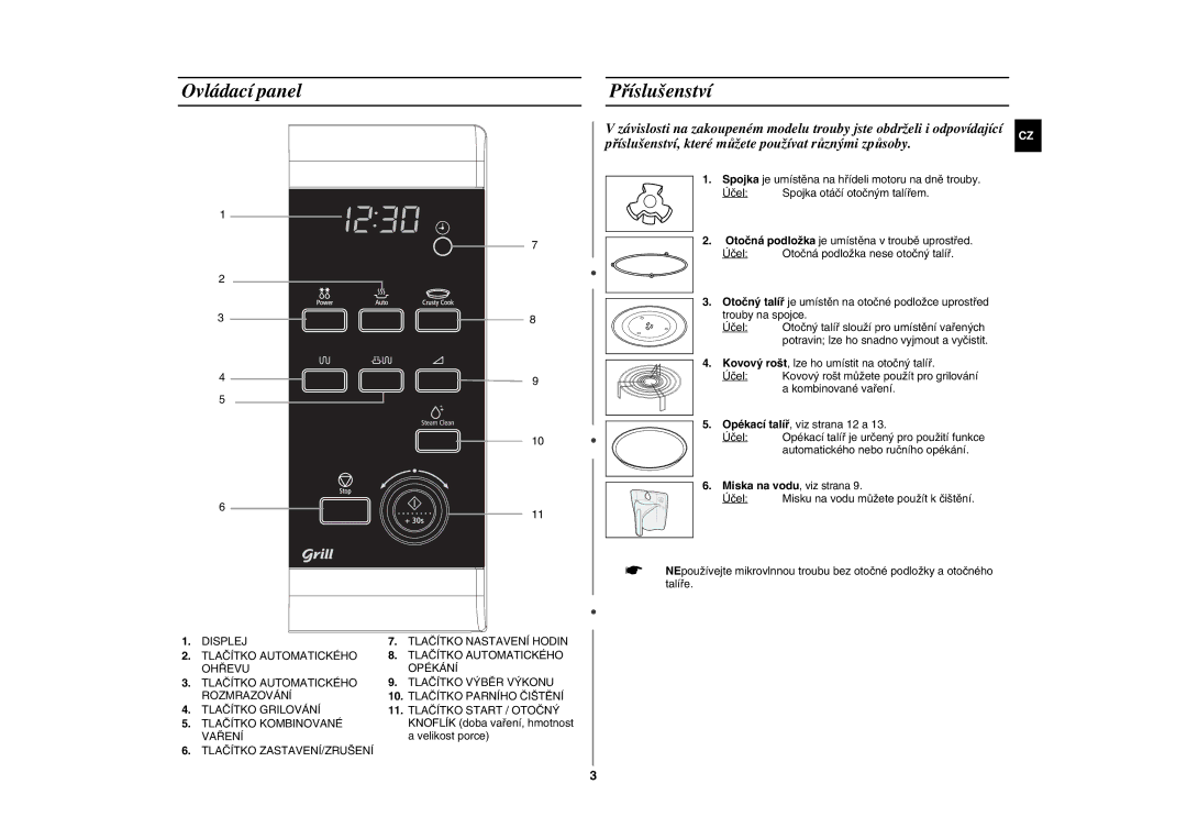 Samsung GE87W-S/XEH manual Ovládací panel Příslušenství 