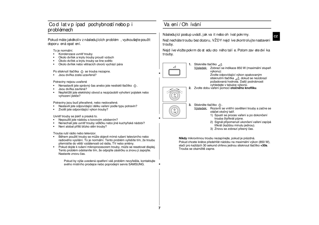 Samsung GE87W-S/XEH manual Co dělat v případě pochybností nebo při problémech, Vaření / Ohřívání 