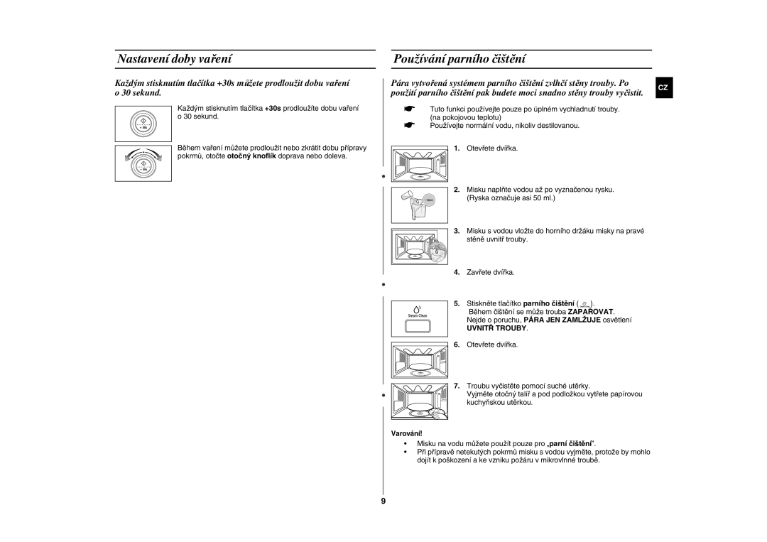 Samsung GE87W-S/XEH manual Nastavení doby vaření, Používání parního čištění, Uvnitř Trouby 