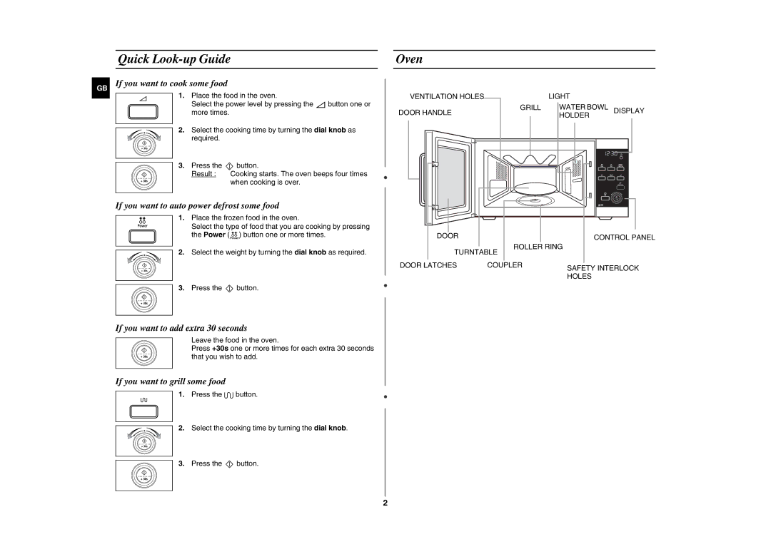 Samsung GE87W/ERP manual Quick Look-up Guide, Oven, Place the frozen food in the oven, Power button one or more times 