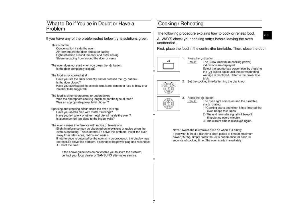 Samsung GE87W-S/ERP, GE87W/ERP manual What to Do if You are in Doubt or Have a Problem, Cooking / Reheating 