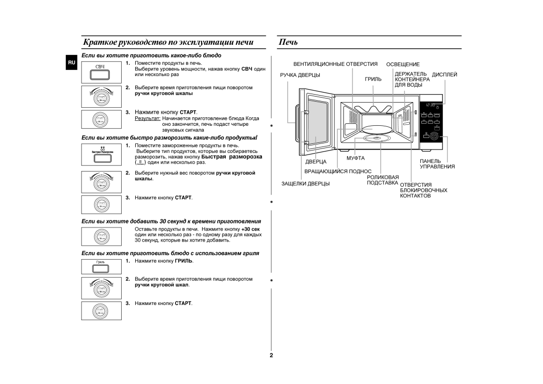 Samsung GE87WR/BWT manual Краткое руководство по эксплуатации печи, Печь, Поместите продукты в печь, Или несколько раз 