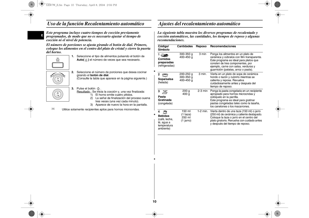 Samsung GE87W/XEC Girando el botón de dial, Código Cantidades Reposo Recomendaciones Símbolo, Comidas, Preparadas, Pasta 