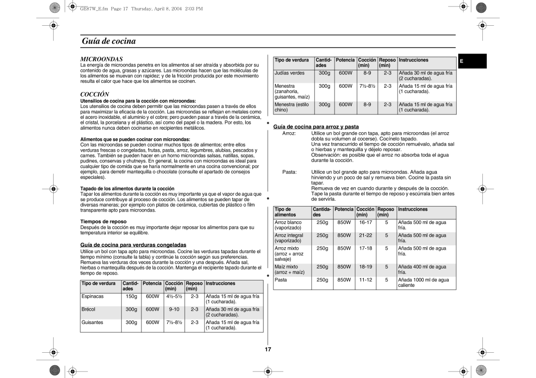 Samsung GE87W-S/XEC, GE87W/XEC manual Guía de cocina, Microondas, Cocción 