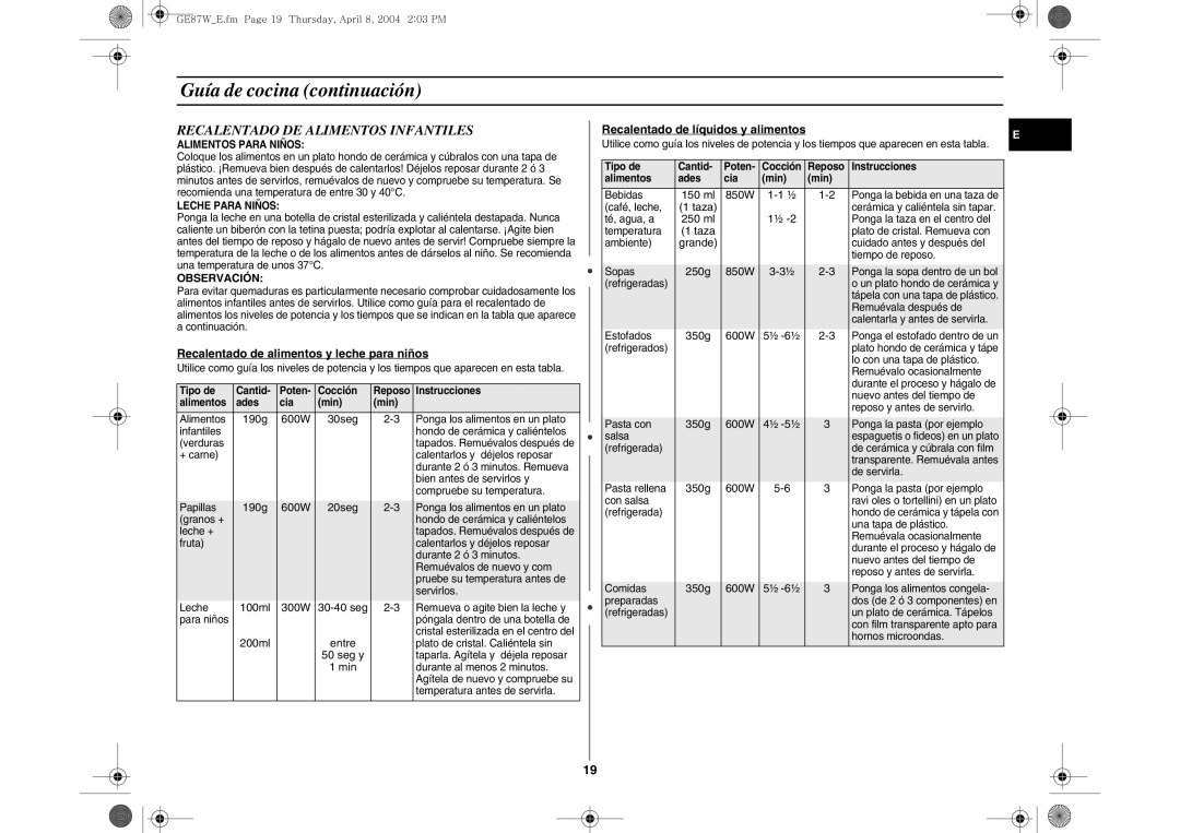 Samsung GE87W-S/XEC manual Recalentado DE Alimentos Infantiles, Observación, Recalentado de alimentos y leche para niños 