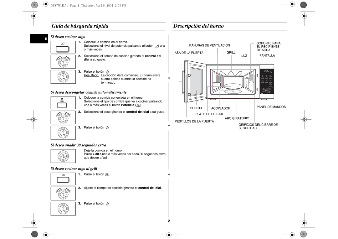 Samsung GE87W/XEC, GE87W-S/XEC manual Guía de búsqueda rápida, Descripción del horno 