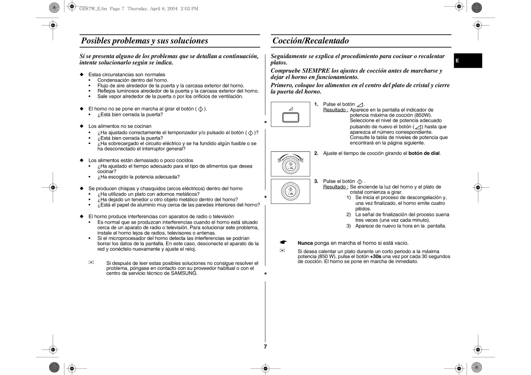 Samsung GE87W-S/XEC manual Posibles problemas y sus soluciones Cocción/Recalentado, Centro de servicio técnico de Samsung 