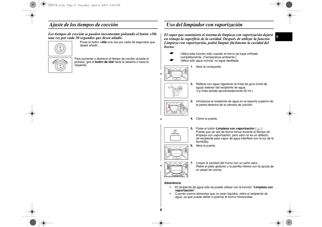 Samsung GE87W-S/XEC, GE87W/XEC manual Ajuste de los tiempos de cocción, Uso del limpiador con vaporización 