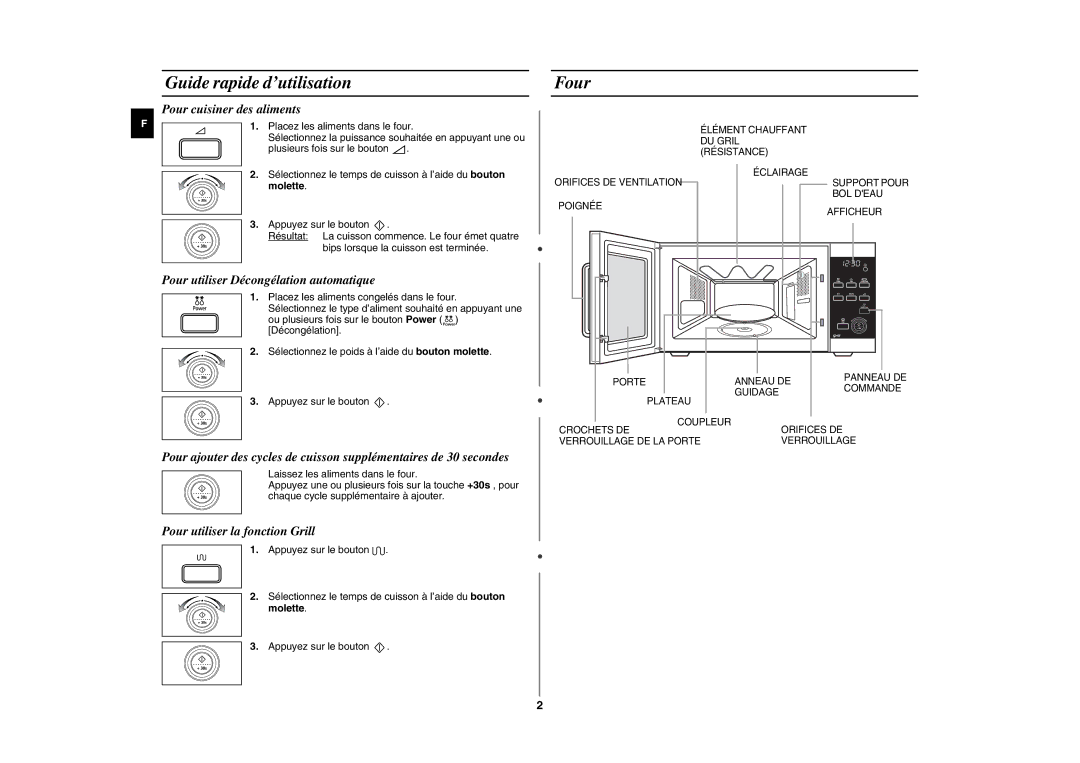 Samsung GE87W/XEF manual Four, Pour utiliser Décongélation automatique, Pour utiliser la fonction Grill, Molette 