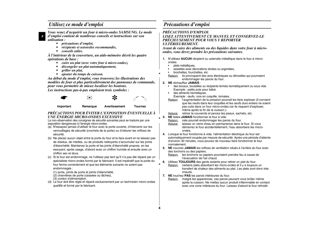 Samsung GE87W/XEF manual Utilisez ce mode d’emploi, Précautions d’emploi, Important Remarque Avertissement Tournez 