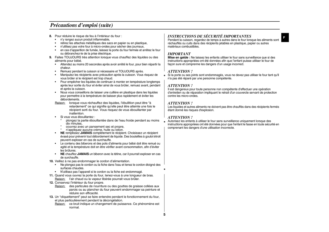 Samsung GE87W/XEF manual Précautions d’emploi suite, Instructions DE Sécurité Importantes 