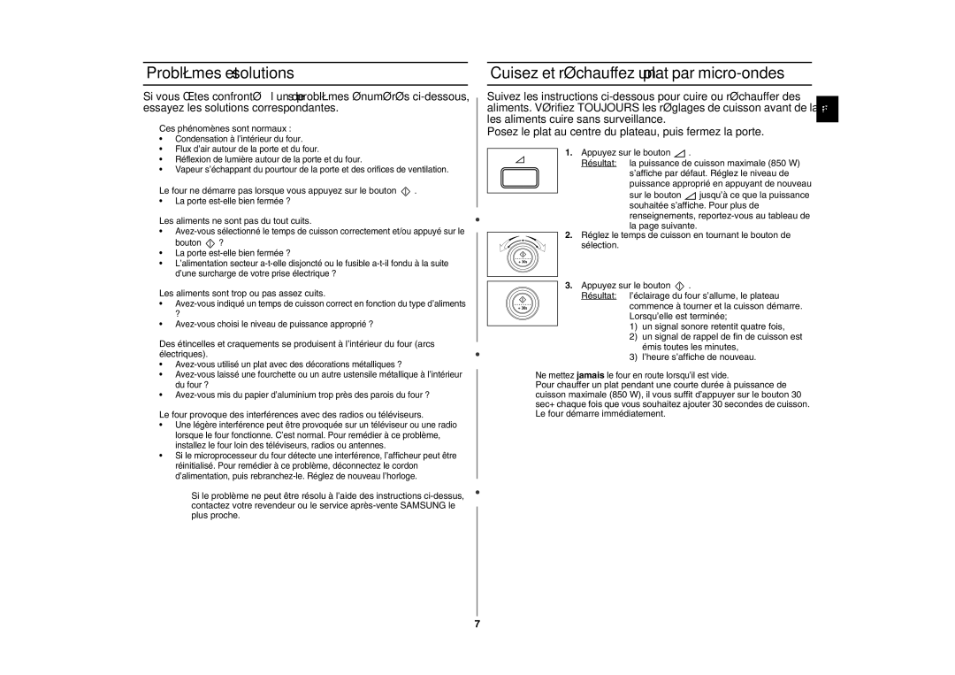 Samsung GE87W/XEF manual Problèmes et solutions, Cuisez et réchauffez un plat par micro-ondes 