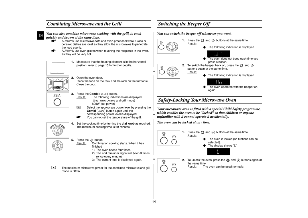 Samsung GE87Y-S/XAG manual Combining Microwave and the Grill Switching the Beeper Off, Safety-Locking Your Microwave Oven 