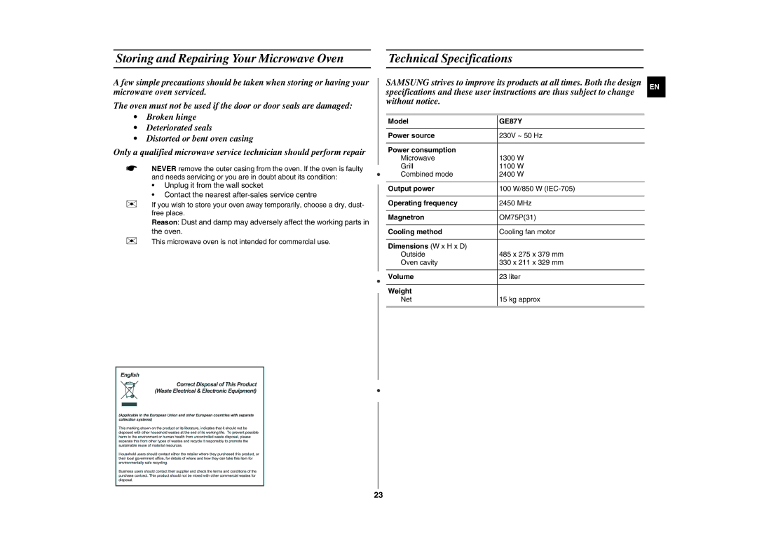 Samsung GE87Y-S/XAG manual Storing and Repairing Your Microwave Oven, Technical Specifications 