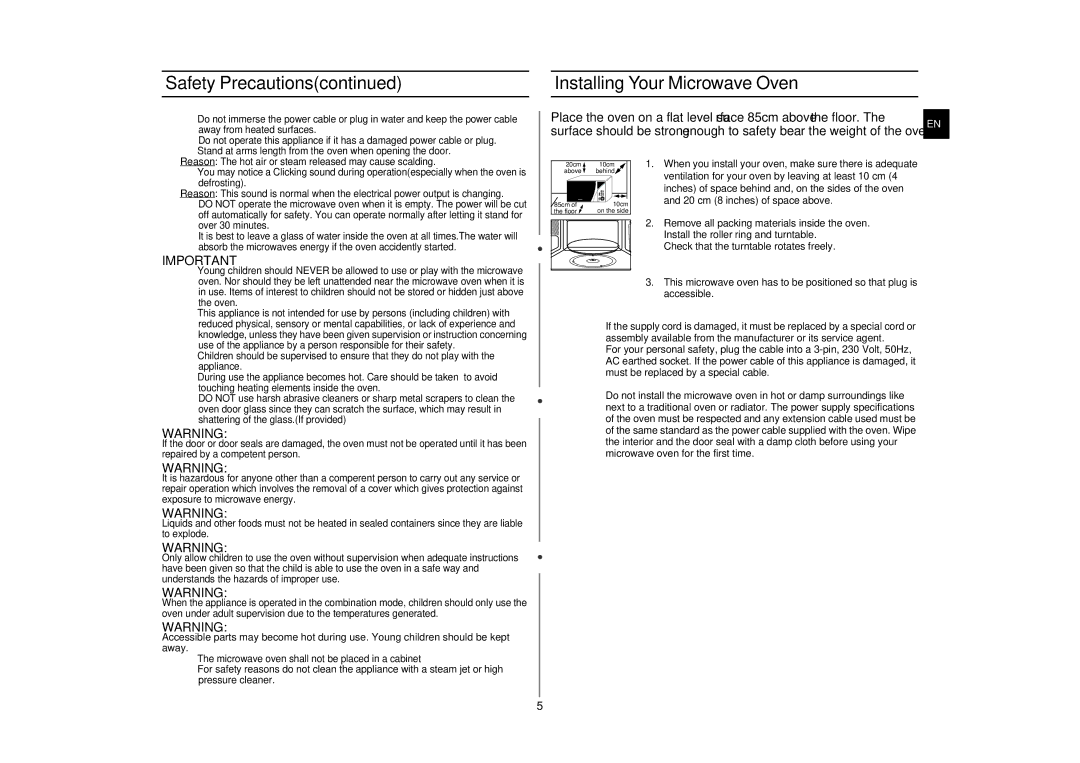 Samsung GE87Y-S/XAG manual Installing Your Microwave Oven 