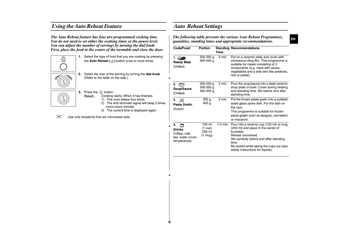 Samsung GE87Y-S/XAG manual Using the Auto Reheat Feature, Auto Reheat Settings 